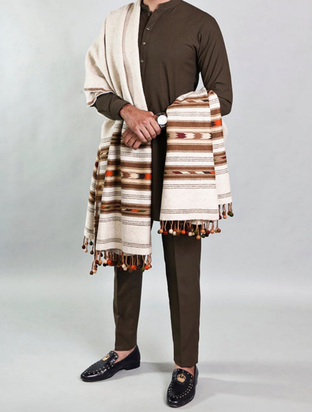 Pure Wool handmade shawl white 3 borders 8022