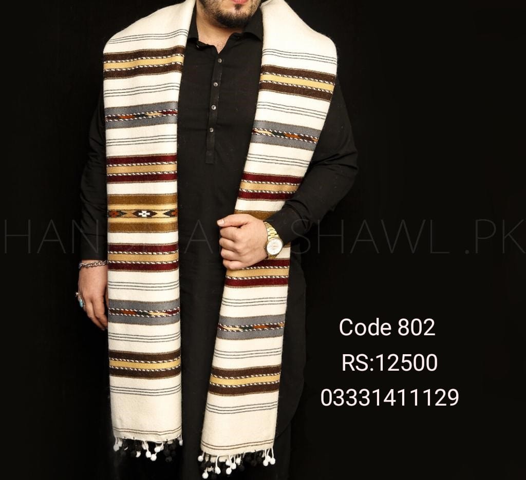 Pure Wool handmade shawl white 7 borders -802