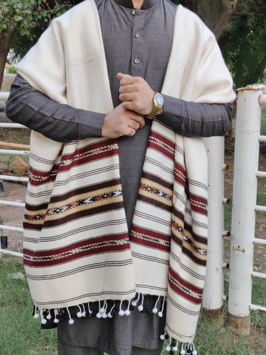 Pure Wool handmade shawl white 3 borders